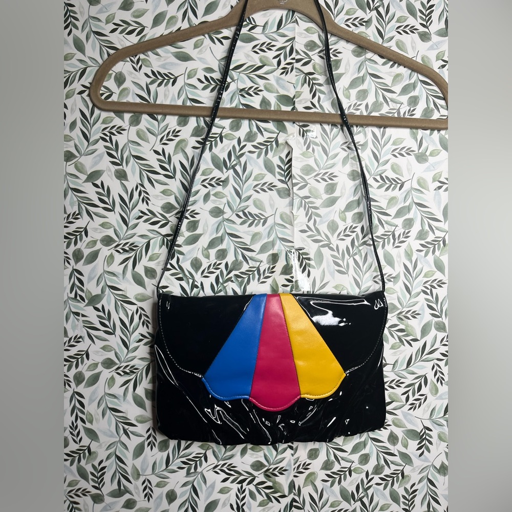 Vtg Scalloped Retro Purse Handbag Clutch Skinny Strap‎ 80s Black Multicolored